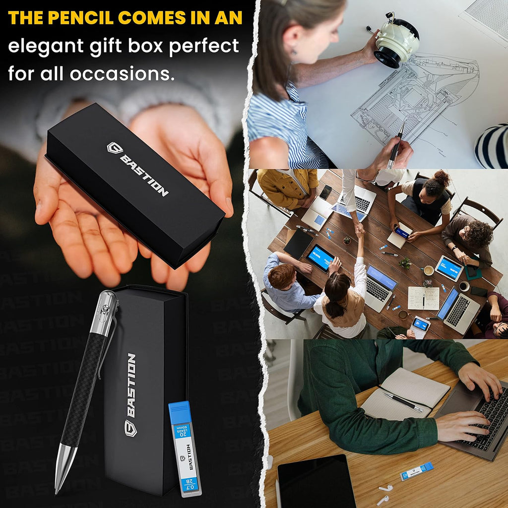 BASTION® Luxury Mechanical Pencil, Professional Medium Point Pencil for Birthday Gift includes 20 x 0.77mm Lead Refills - Carbon Fiber Stainless Steel