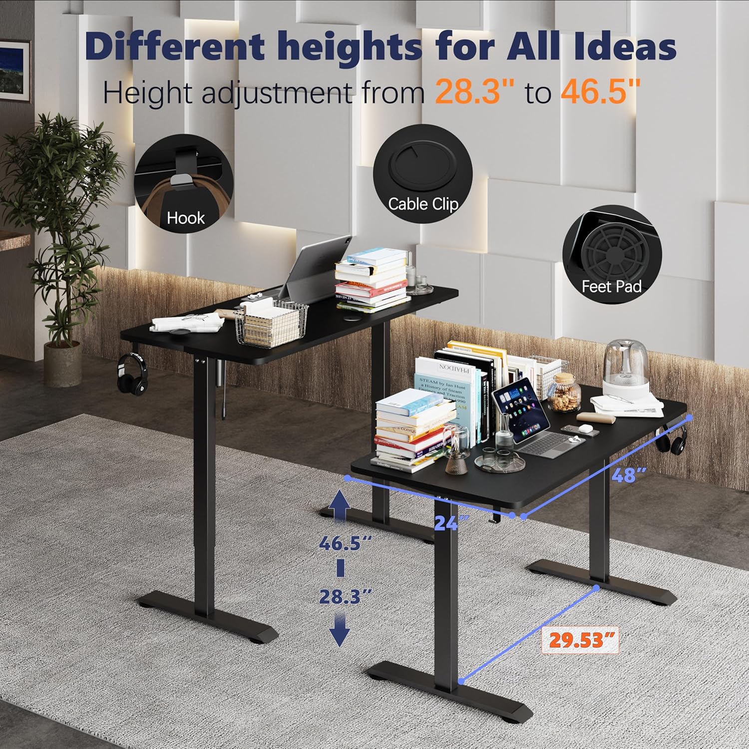 Monomi Electric Height Adjustable Standing Desk, 48x24 Inches, Ergonomic Home Office Sit/Stand Up Desk (Black Steel Frame/Black Top)