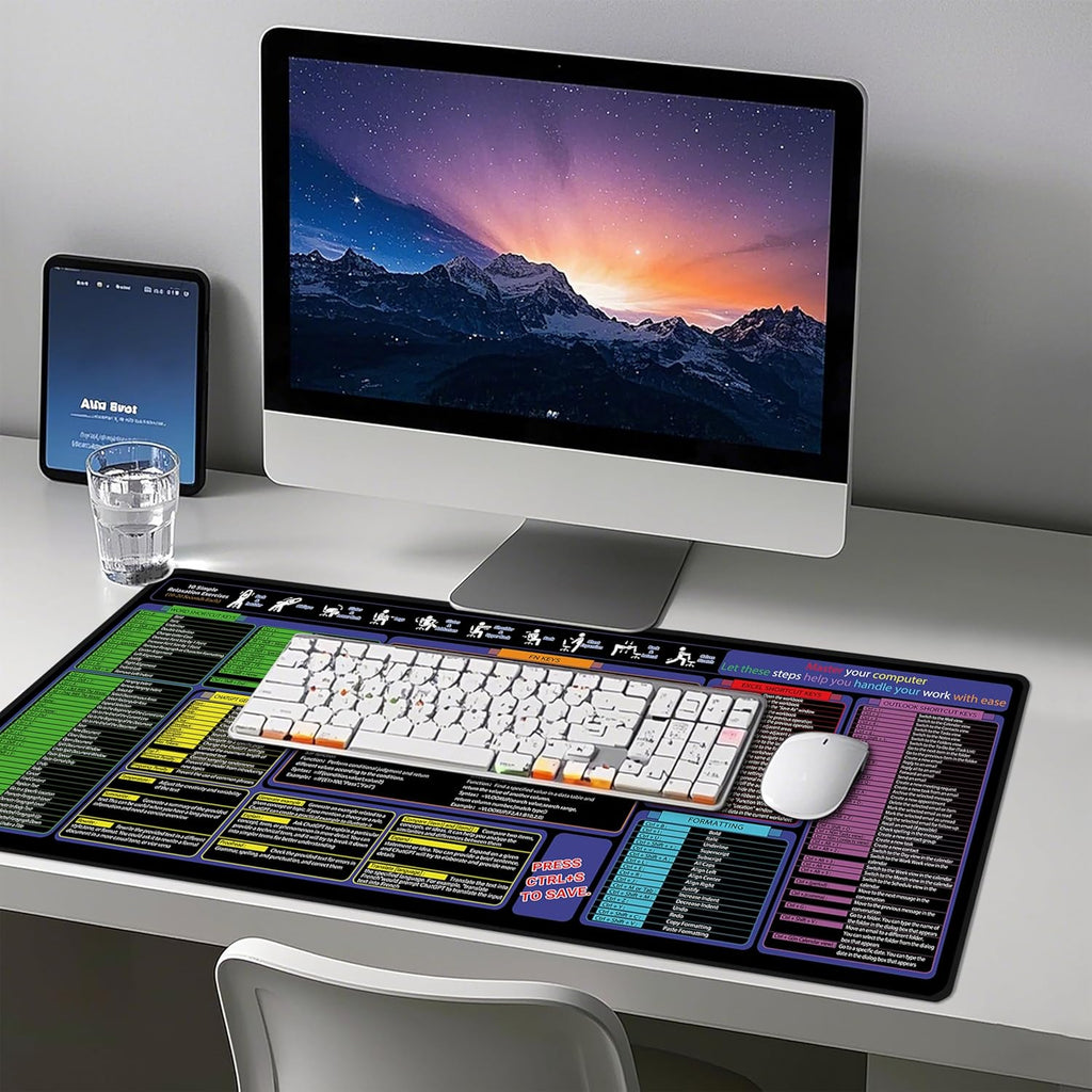 Mouse Pad with Excel, Word, Shortcuts – Excel Cheat Sheet Desk Pad – Portable Computer Mousepad – Gaming, Office, Waterproof, Non-Slip, Stitched Edges 35.5 x 15.7inches x 3mm