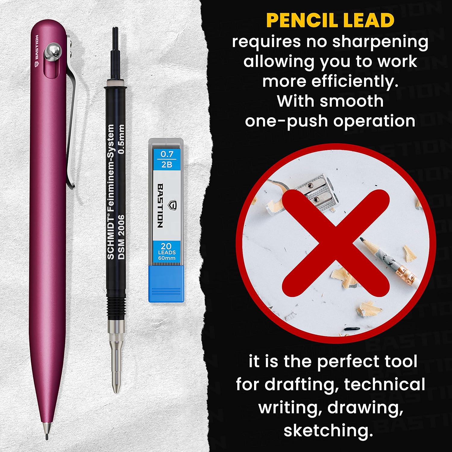 BASTION® Luxury Mechanical Pencil, Professional Lightweight Medium Point Aluminum Pencil for Birthday Gift includes 20 x 0.77mm Lead Refills - Pink