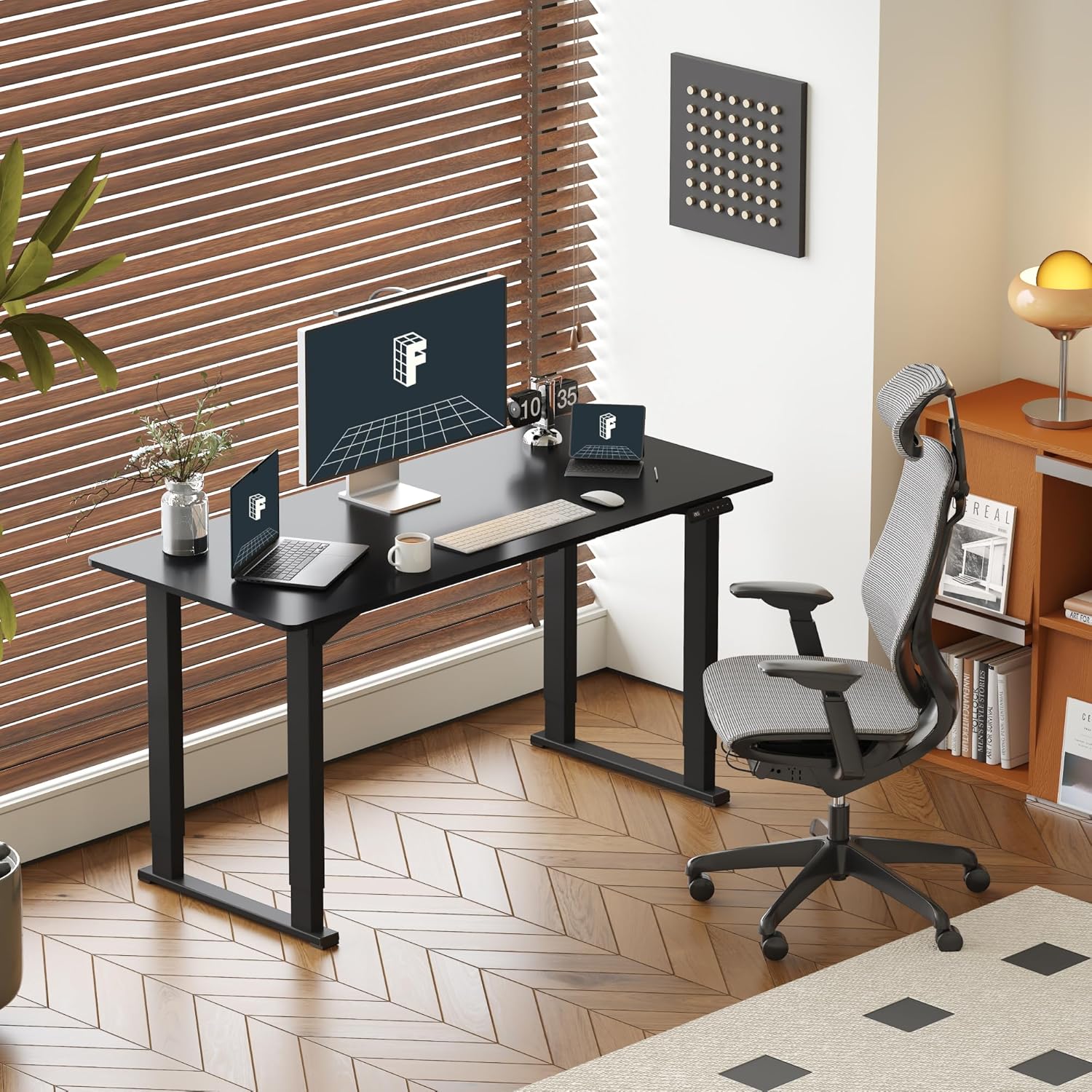 FLEXISPOT 4 Legs Standing Desk 63 x 28 Inch Electric Adjustable Height with Splice Board Home Office Sit Stand Up Desk, Black Top + Black Frame