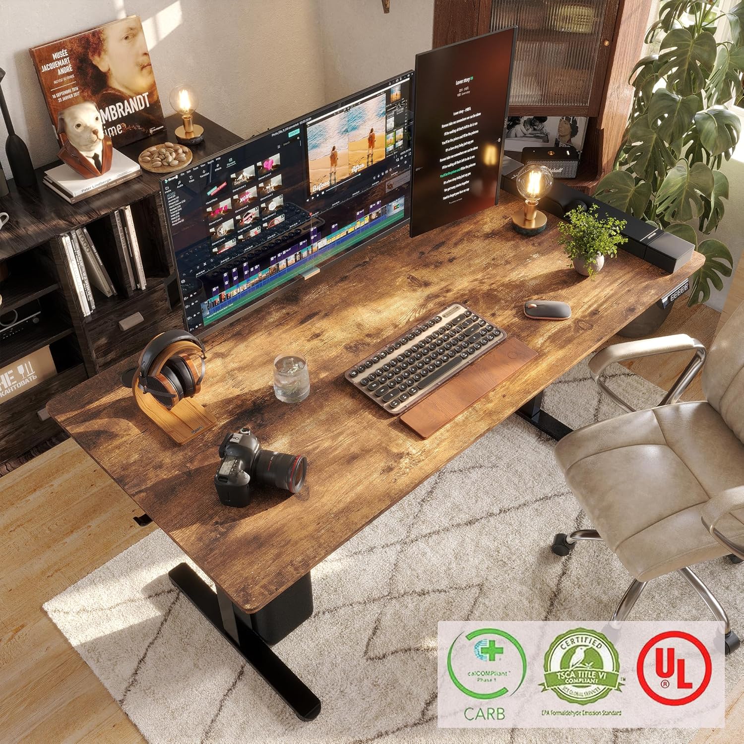 Monomi Electric Standing Desk, 63 x 28 inches Height Adjustable Ergonomic Home Office Sit Stand Up Desk with Memory Preset Controller (Rustic Brown Top/Black Frame)