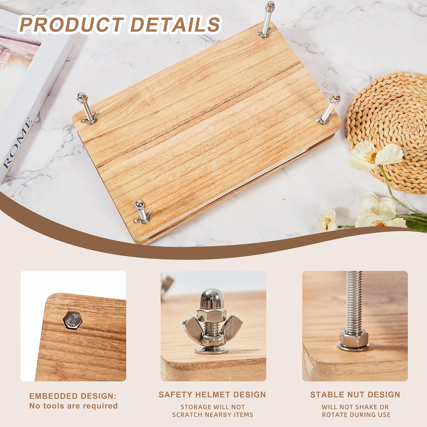 Wooden Book Press - 13''x7.9'' Book Press with Non-Slip Round Foot Pads, Ideal for Bookbinding Press, Paper Press, Bookbinding Machine and DIY Projects