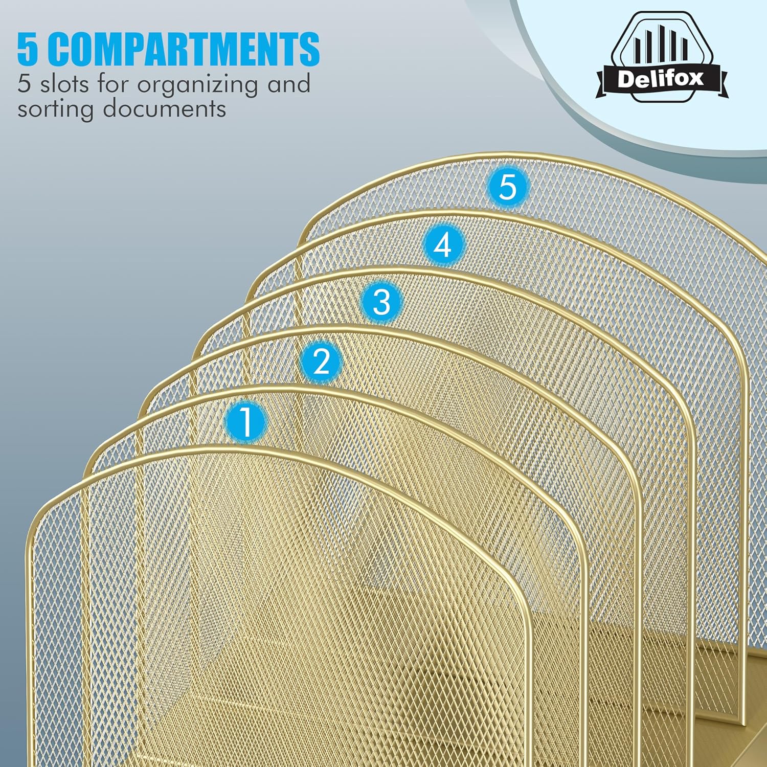 Inclined Desk File Organizer, 5-Section Vertical File Folder Holder Stand Metal Rack File Sorter for Office Classroom Desktop Organization (Gold, 2Pack)