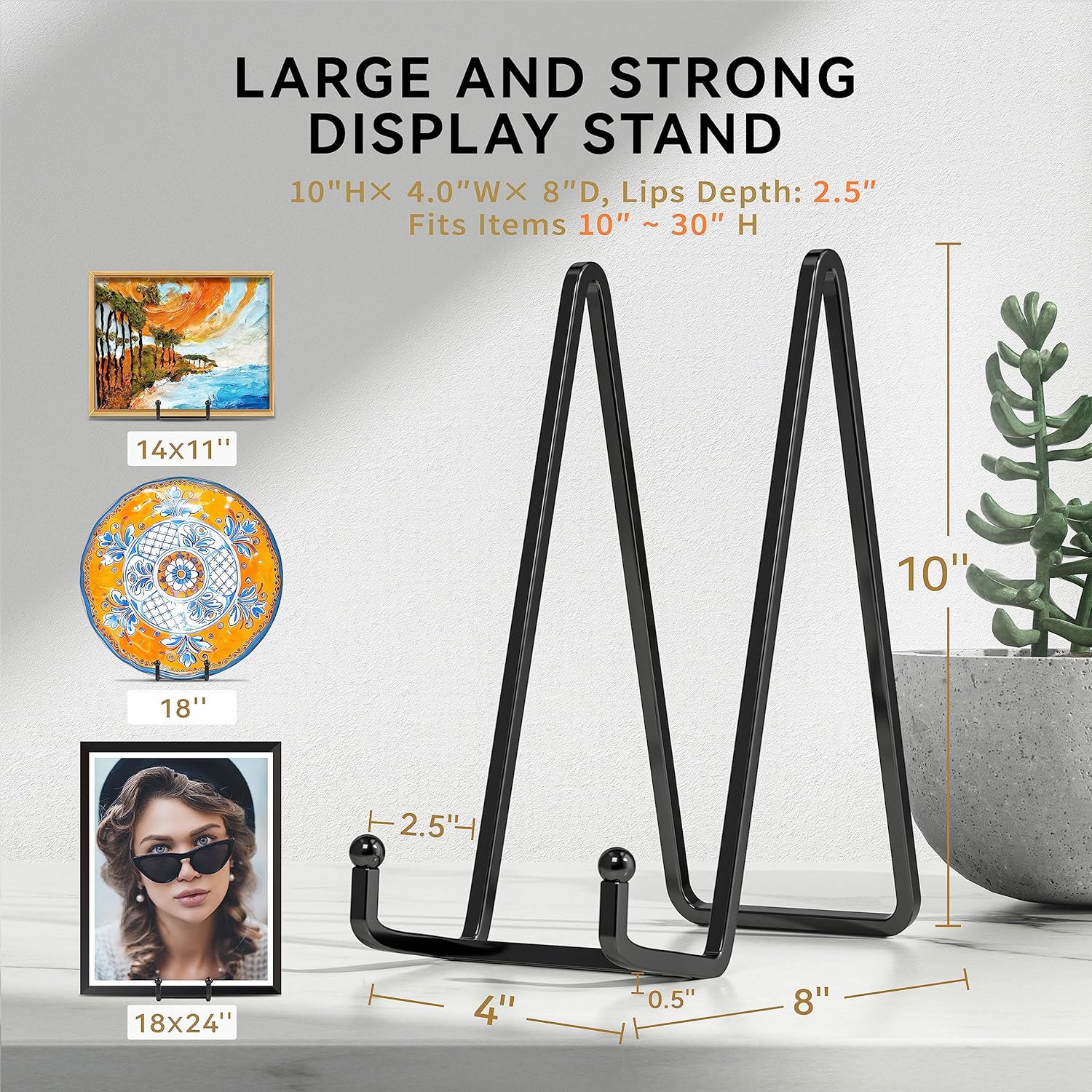 10 Inch Large Plate Stands for Display - Metal Plate Holder Display Stand + Small Easels Picture Stand for Book, Platter, Plaque, Photo Frame, Tabletop Art (2 Pack)