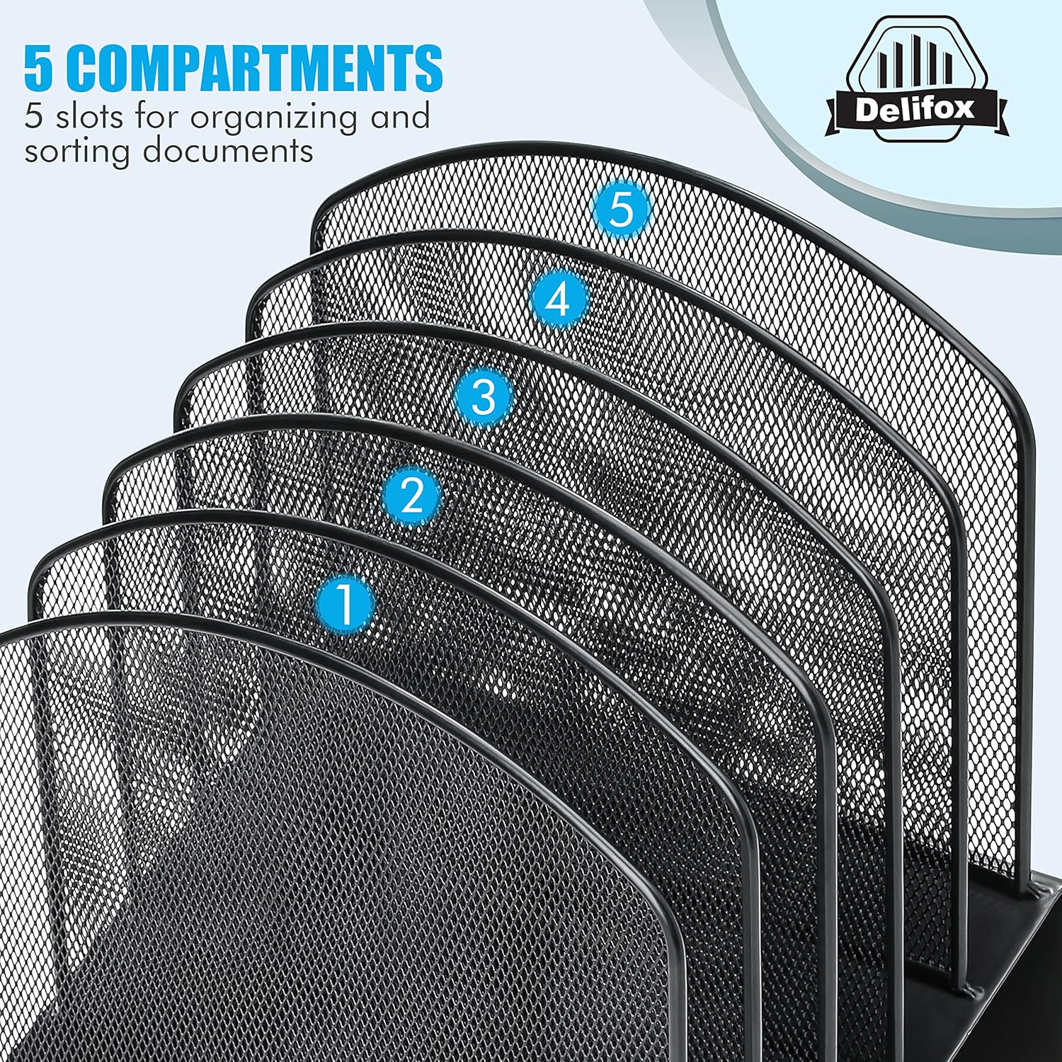 Inclined Desk File Organizer, 5-Section Vertical File Folder Holder Stand Metal Rack File Sorter for Office Classroom Desktop Organization (Black, 1Pack)
